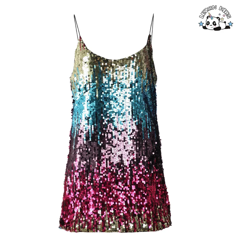 LEZONKIDS - Vestido feminino curto com decote em V e costas expostas, com lantejoulas e gradiente de cor, estilo novo e personalizado